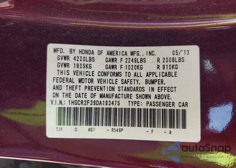 2013 Honda Accord Lx z USA, uszkodzony, nr VIN 1HGCR2F39DA193475